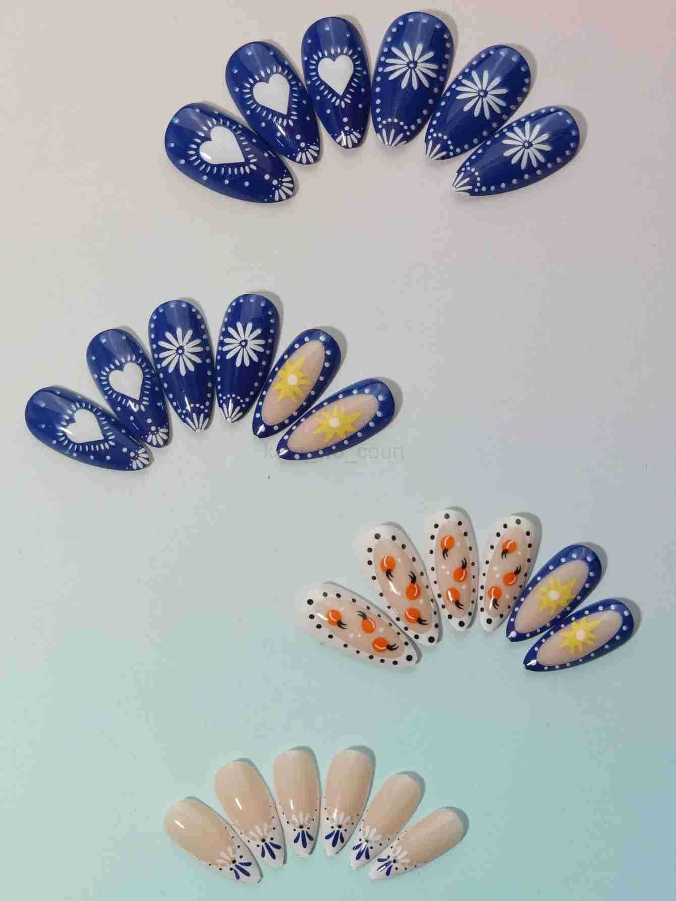 Retro Almond Fake Nails for Women DIY Blue Flower Designs French Press On Nails Wearable Full Cover False Nails for Party CF39 M250807