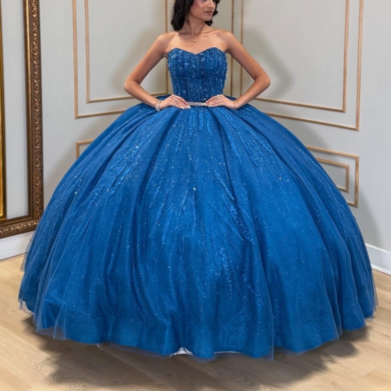 Royal Blue Shiny Quinceanera Dresses Off The Shoulder Sequin Beading Crystal Tull Ball Gown Vestidos De 15 Anos Sweet 16 Dress