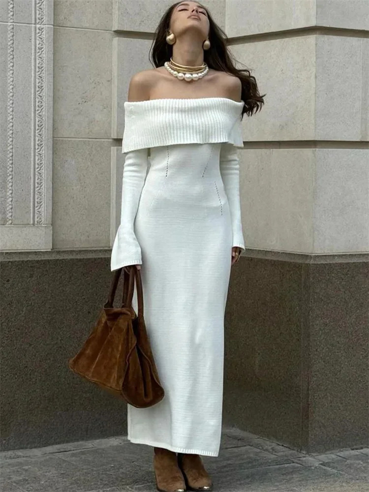 Tossy White Autumn Knit Sweater Long Dress Women Ribbed High Waist Fashion Off-Shoulder Loose Party Dress Female Knitwear Dress 250806