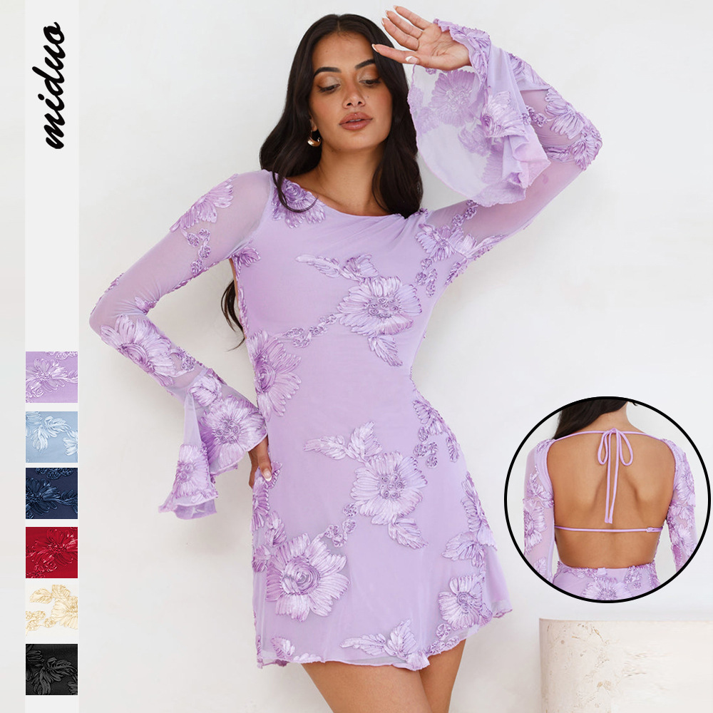 French Fashion Elegant Socialite Style Mesh Sheer Floral Embroidery Flared Sleeve Short Dress High-end Feel