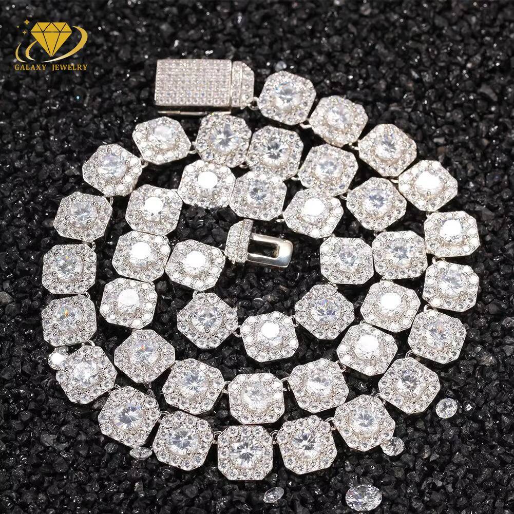 High Quality 925 Sterling Silver 10mm Moissanite Iced Out Square Clustered Tennis Chain Necklace Mens Hip Hop Jewelry