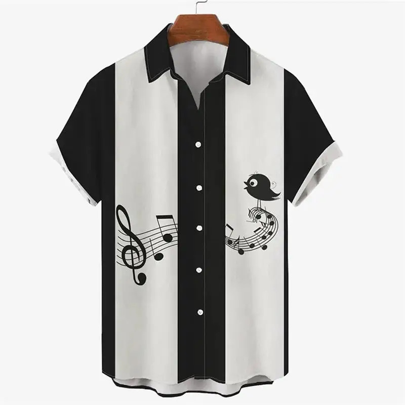 Summer Shirt For Men 2024 Hawaiian Shortsleeved T Shirts Musical Note Print Boys Girls Beach Travel Tops Casual Lapel Clothing 250807
