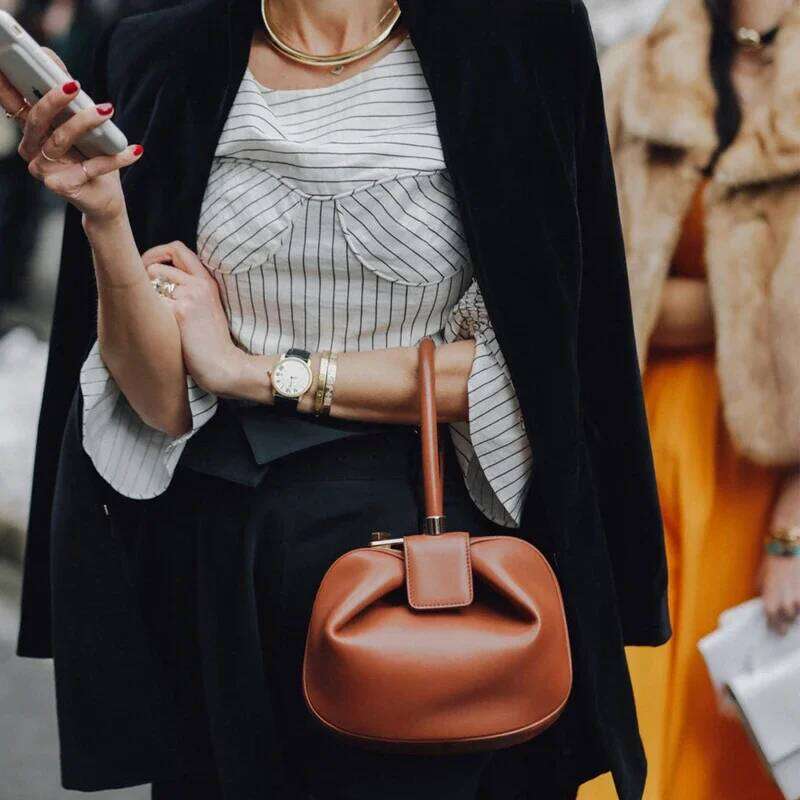 Elegant Genuine Cow Leather Women Round Dumpling Small Clutch Purse Evening Wrist Bag Ladies Top-Handle Handbag Classic Hobo