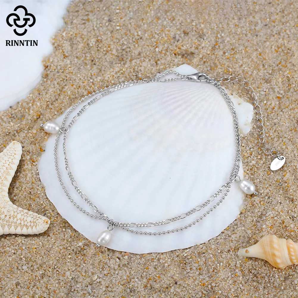 Rinntin Classic 925 Sterling Silver Freshwater Pearl Pendant Anklet Double Chain Trendy Summer Beach Anti Allergic Jewelry SA41 Y250805