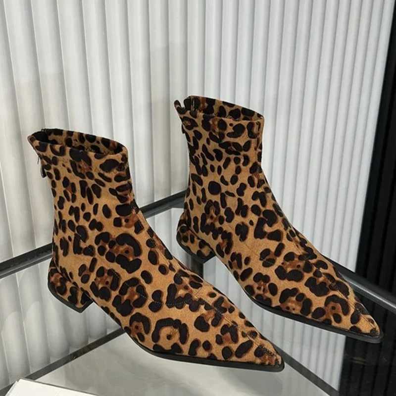 Leopard Ankle Boots Women Pointed Toe Heels Shoes Sexy Designer Gladiator Short Boots Low Heels New Goth Womens Chelsea Boots XJ250807