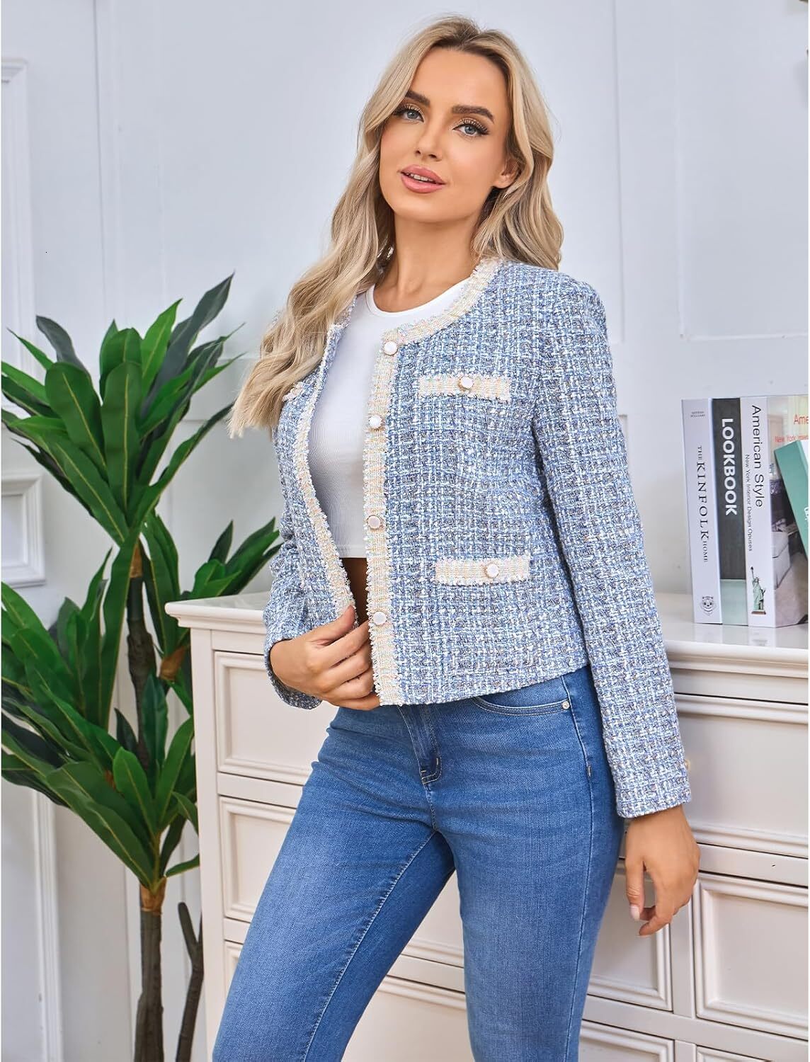 Women's Tweed Blazers Cropped Long Sleeve Crewneck Open Front Lace Trim Lightweight Plaid Work Business Jackets