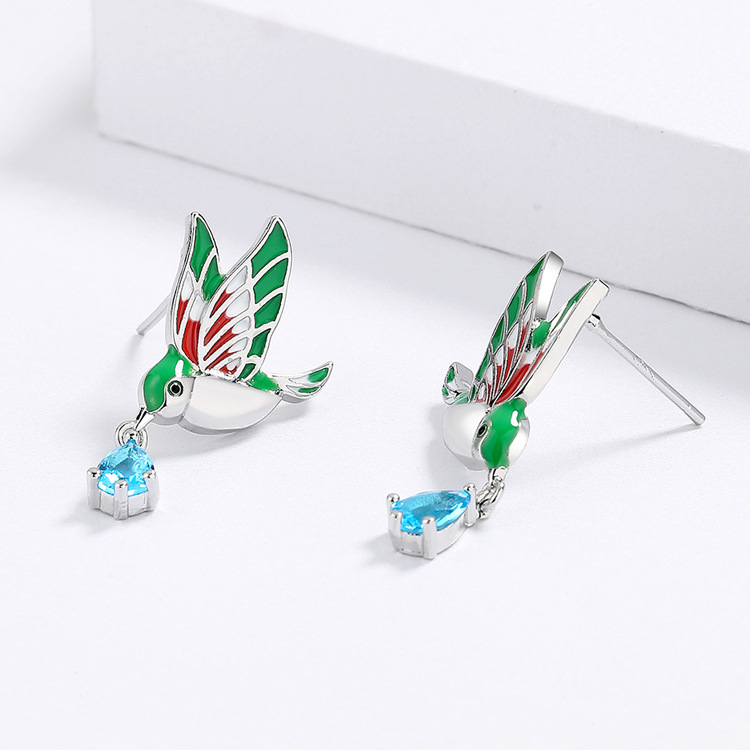 Silver Tone Enamel Hummingbird Drop Earrings With Blue Teardrop Gem Accents Nature-Inspired And Colorful Outfit Accessory Gift For Her Vivid And Delic