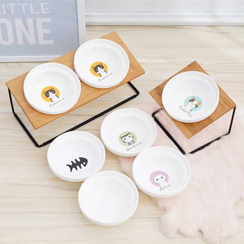 Cute Cat Bowl High-end Pet Bowl Bamboo Shelf Ceramic Feeding and Drinking Bowls for Dogs and Cats Pet Feeder Dog Double Bowls Y250806