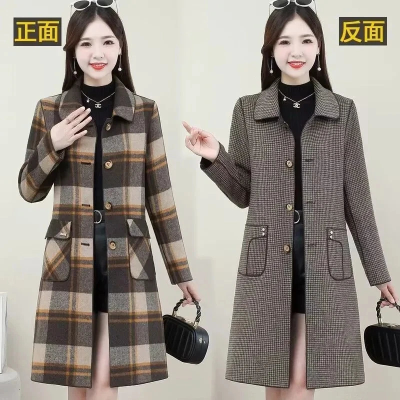 Long Women Double Sided Cashmere Woolen Coat Autumn Winter Middle Aged Mother Both Sides Wear Plaid Wool Jacket Windbreaker 5XL 250805