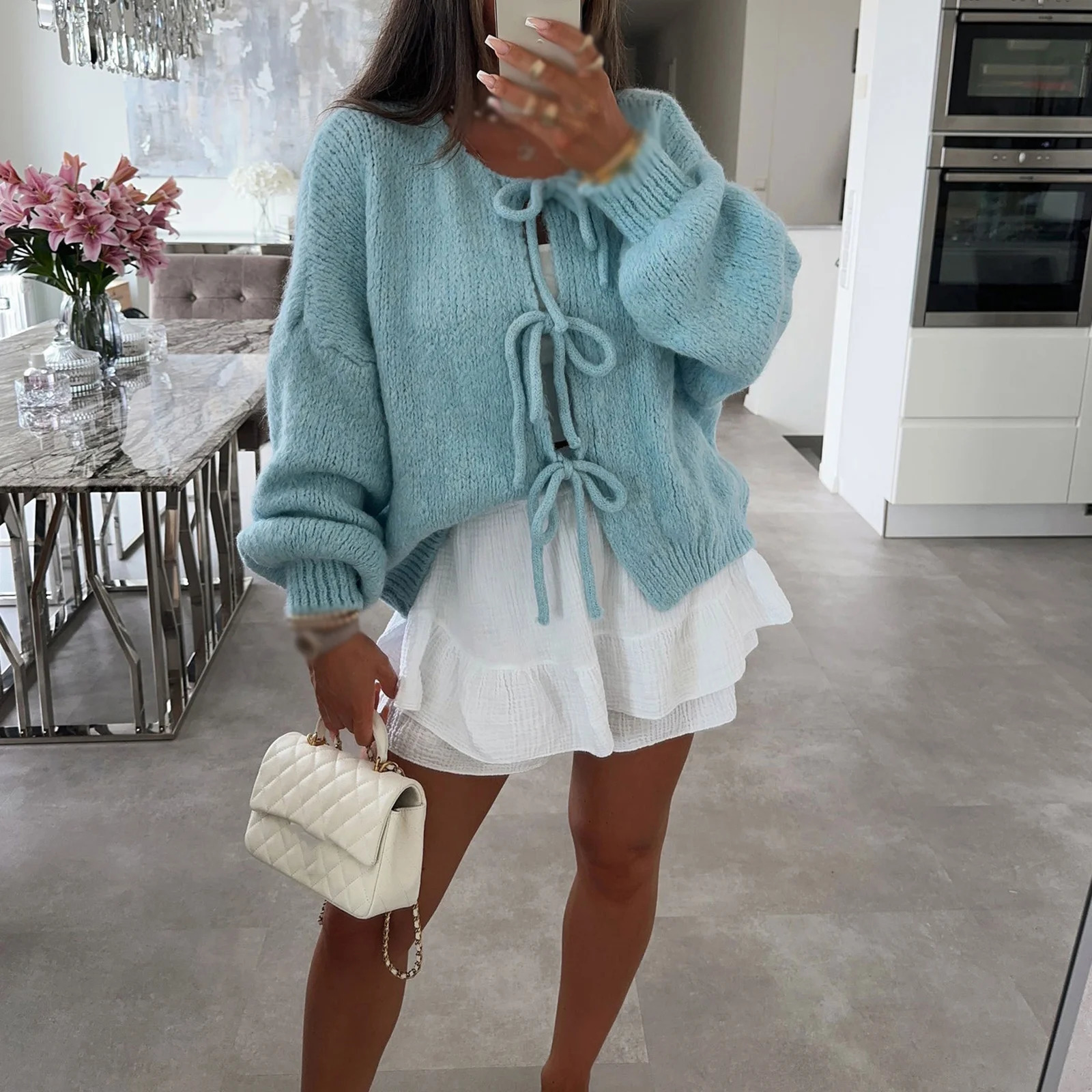 Knitwear Lace-Up Hollow Out Cardigan Top Womens Patchwork Fashion Autumn High Street Clothes Knit Y2k Bandage Cardigan 250804