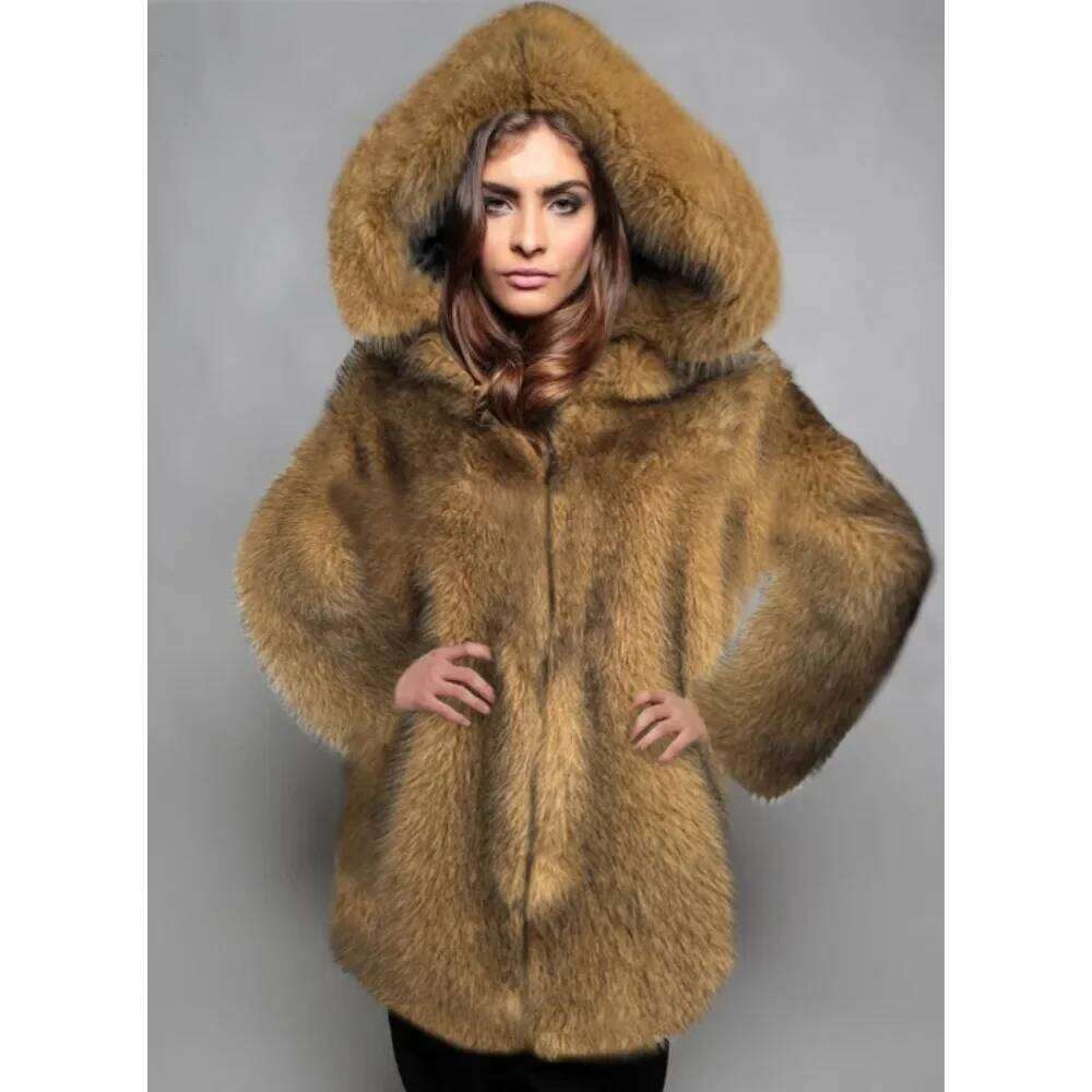 Coat Women Clothing Trend Fluffy Hooded Fur Zipper Long Sleeve Design Chic Faux Fox Jacket Warm Outerwear