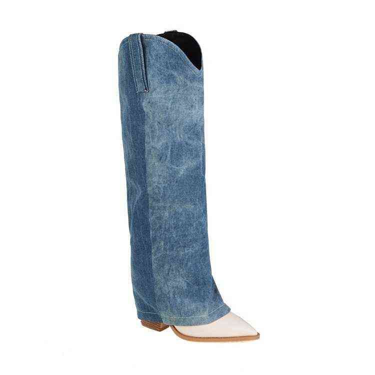 Fashionable Large Size Cowgirl-Inspired Ladies' Ankle Boots: Classic Blue Jeans & Spiked Stiletto Heels
