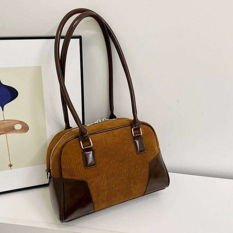 Corduroy Brand Boston Handbag Day Clutch Veet Shoulder For Women Trend Versatile Crossbody Bag Brown