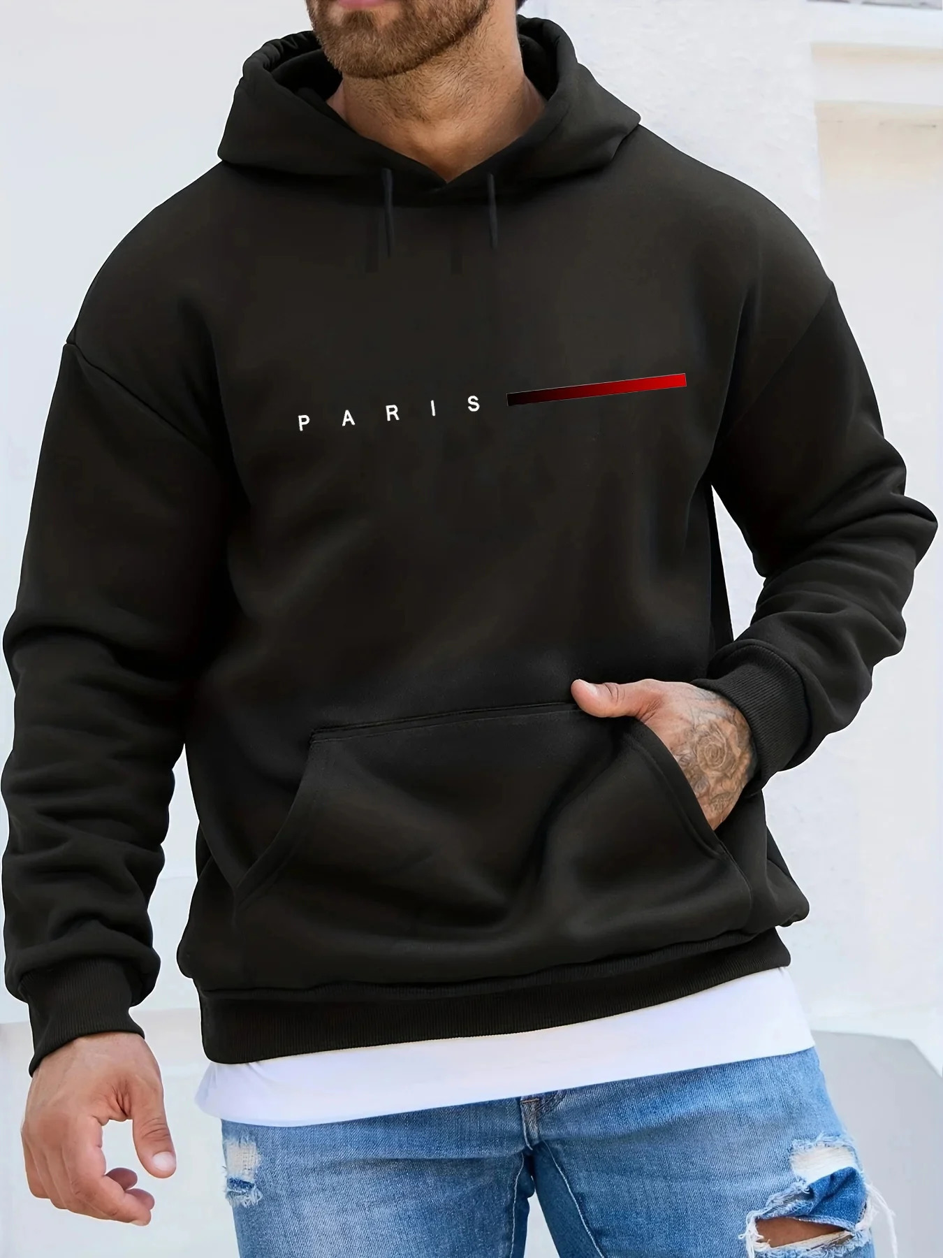 Mens autumn and winter casual fashion loose plus size Paris letter printed fleece warm pullover long sleeved hooded sweatshirt 250807
