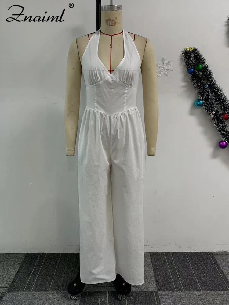 Znaiml Elegant Evening Gowns Biarthday Party One Pieces Wide Leg Pants Outfit for Women White Halter Backless Jumpsuit Rompers 250807
