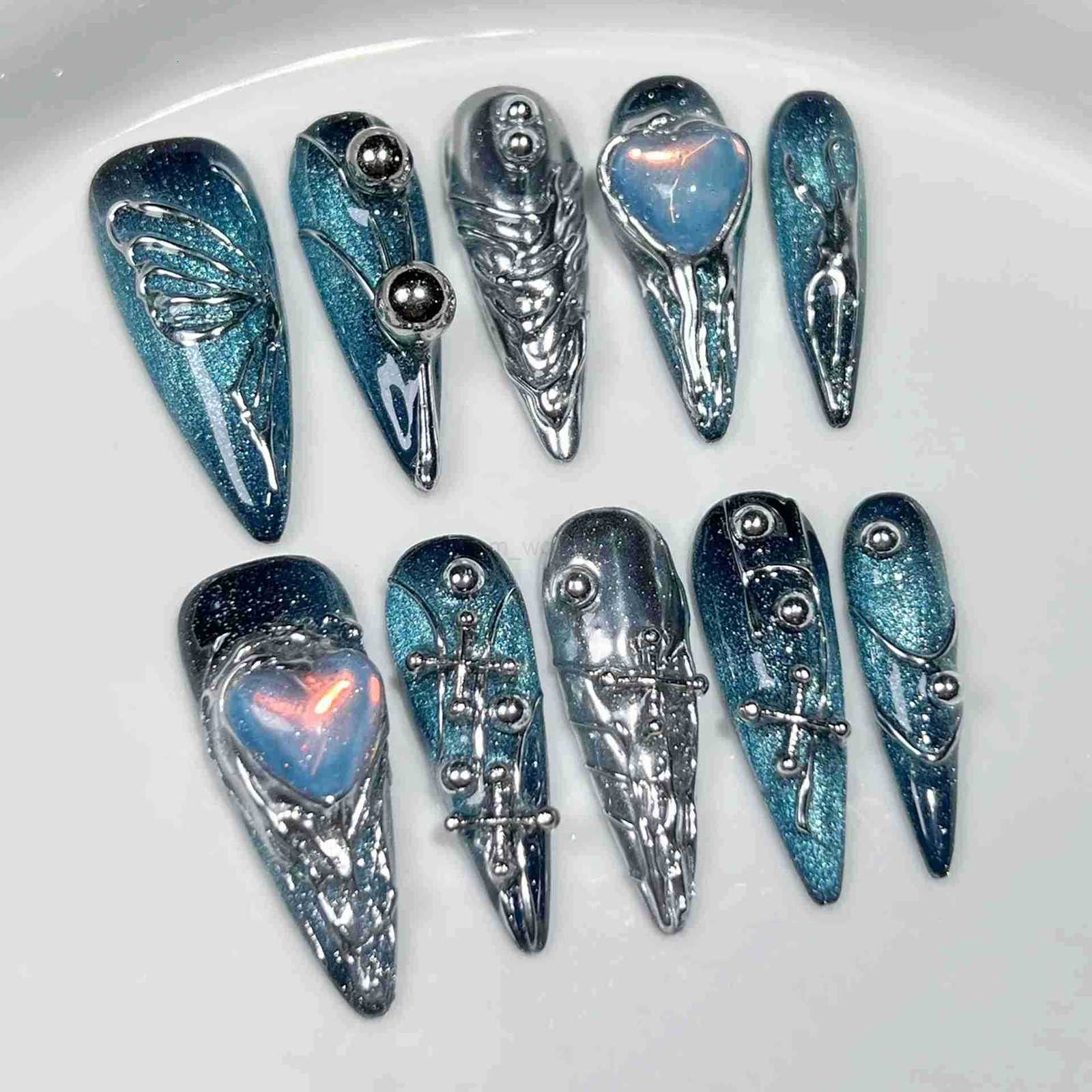 10pcs Blue Long Handmade Cool 3D Love Press on Fake Nails with Metallic Stripe Butterfly Design Stiletto Nails Wearable Manicure M250807