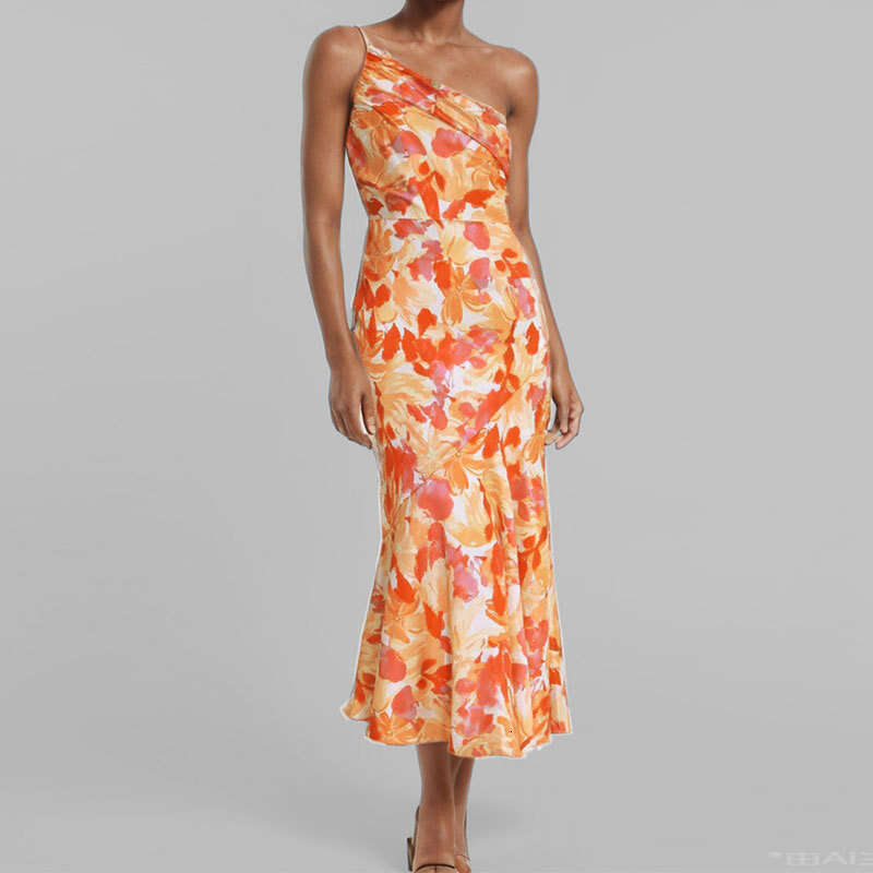 New Women's Sexy Strap Long Printed Asymmetrical Neck Mermaid Dress B5 h7