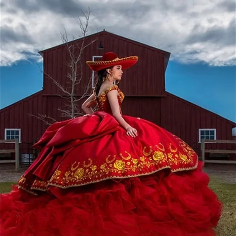 Mexican Red Ball Gown Quinceanera Dresses Bow Sweet 16 Dress Golden Embroidery Ruffles Tiers Skirt Birthday Party Wear Special Occasion