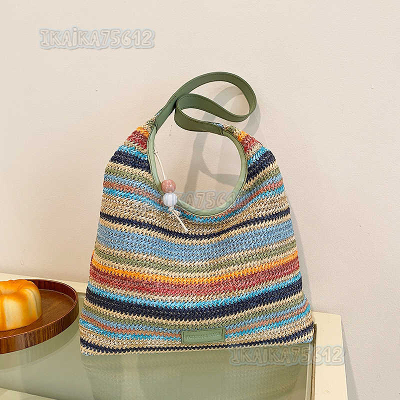 2024 Summer New Simple Straw Woven Handbag Striped Color-block Fashion Large Capacity Shoulder Tote Bag H250806