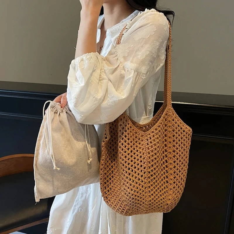 2025 Latest Summer Beach Straw Woven Tote Bag For Women 2IN1 Hollowout Lightweight Large Capacity Shopper Shoulder Female 250801