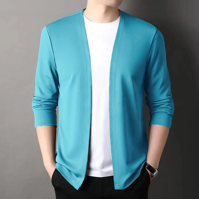 Young Mens Fashionable Casual V Neck Cardigan Top Thin Slim Fit Versatile Simple Pure Color Jacket 250807
