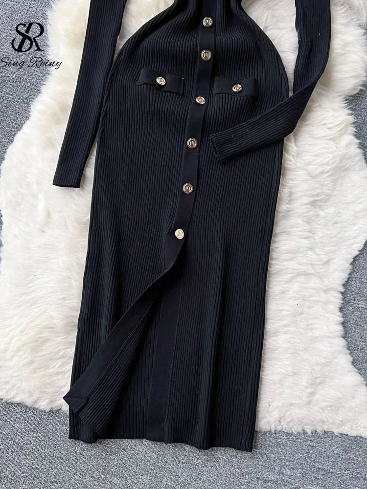 SINGREINY Winter Slim Knitted Dress V Neck Single Breasted A Line Split Midi Dress Long Sleeve Women Sweater Long Dress 250806