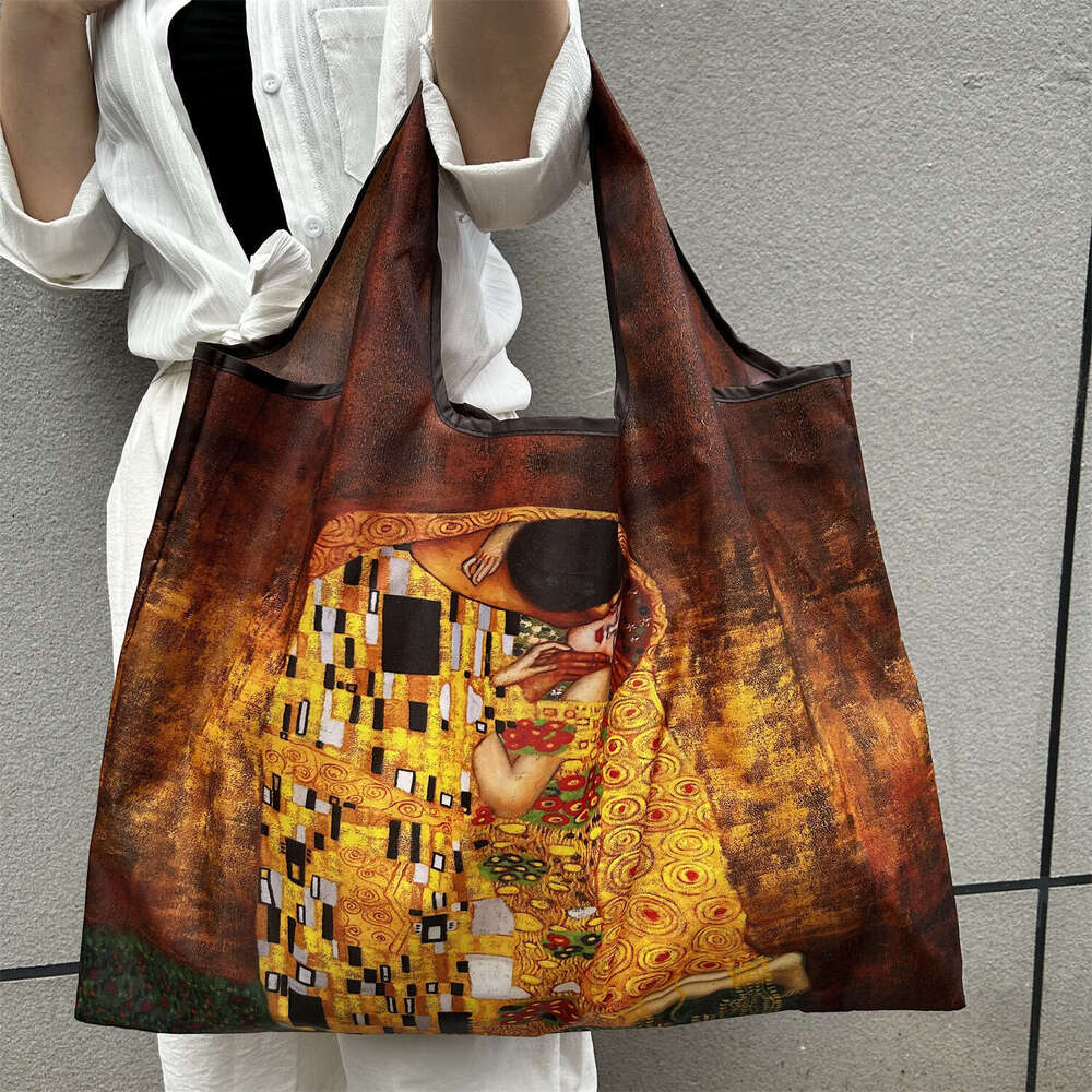 2025 New Eco-friendly Travel Oil Painting Series Cartoon Foldable Handheld Shopping Grocery Bag