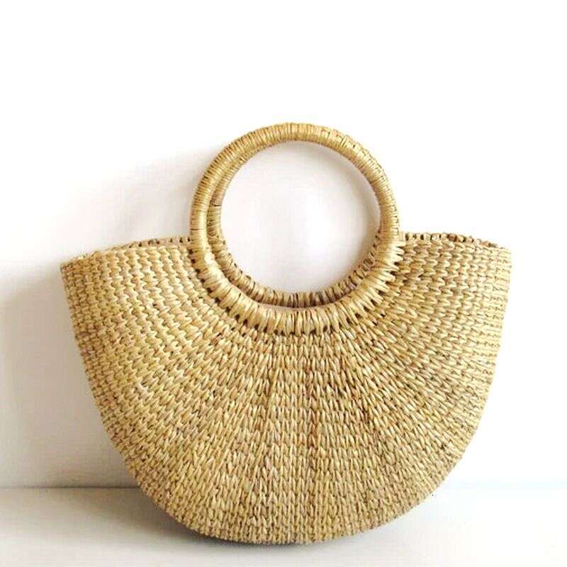 Yellow Grass Half-Round Handbag Simple Solid Color Straw Casual Vacation Beach Woven Bag