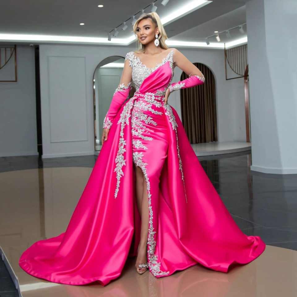 Hot Pink Mermaid Prom Dress For Women Black Girl Sparkly Crystal Beading Long Sleeve Evening Dress Sexy Slit vestidos de Robes Customized