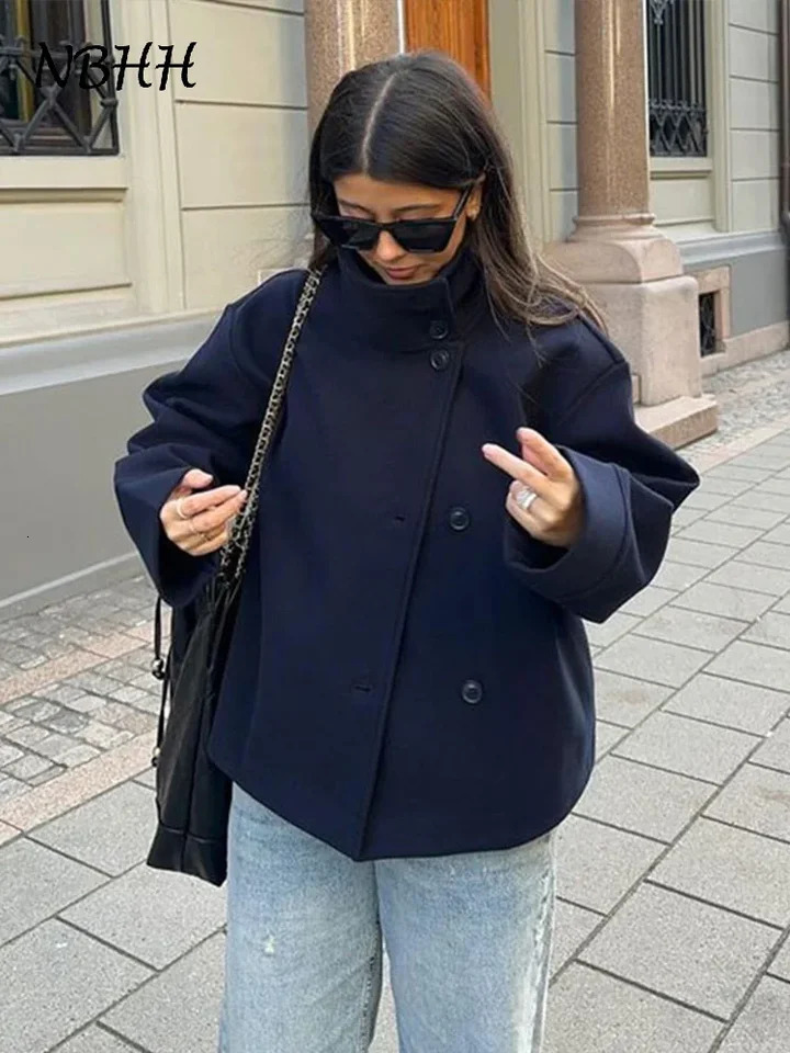 Urban Black Woolen Blend Coats Women Stand Collar Single-breasted Long Sleeve Thick Warm Jacket 2025 Autumn Winter Lady Outwear 250804