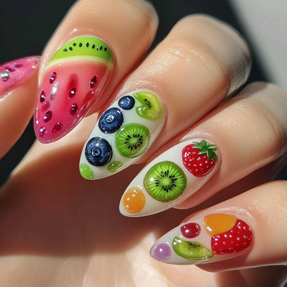 24pcs Colorful Fruit Printed Press On Nails Summer Dopamine Almond False Nails Full Cover Charming Fake Nails DIY Manicure Art Z250807