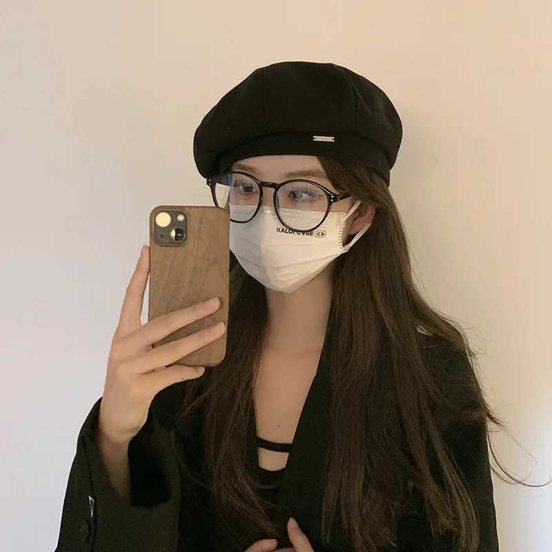 Korean Classic Premium Feel Black Beret Spring Autumn Thin Solid Color INS Trend Versatile Painter Hat Simple Cs for Women XJ250807