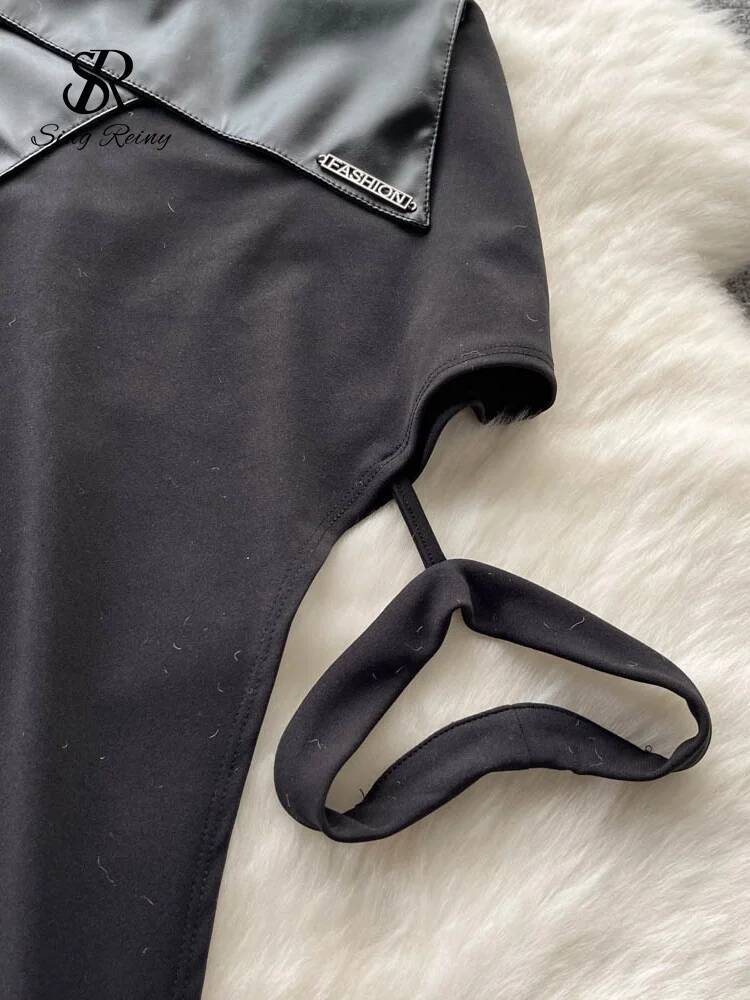 2025 Summer New Women's PU Leather Sexy Skirt Patch Elastic Waist fashion Strap Mini Skirt Street Wear Korean Club Sexy Skirt New Designer