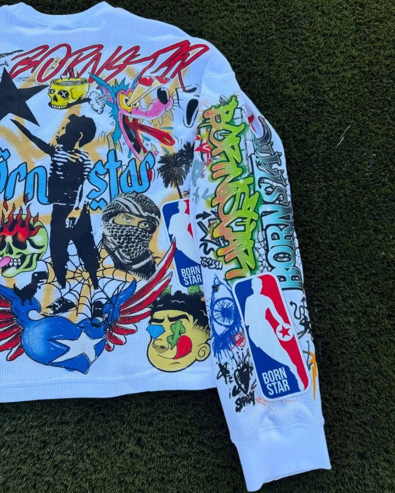 Harajuku Casual Hip-hop High Street Trendy Oversized Long-sleeved Tops Men Y2k Gothpunk Animation Printed T-shirt Men 250807