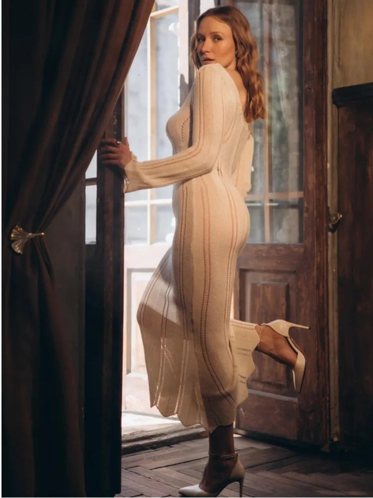 Articat Elegant Knitted Sweater Long Sleeved V-neck Dress Women Slim Hollow Out Female Vesidos Party Club Evening Dress Vacation 250806