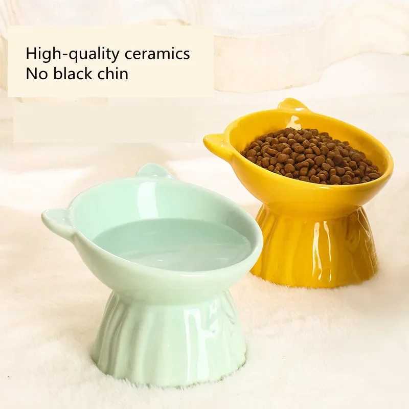 Fashion High Foot Bowl Cat Food Feeder Puppy Bowl Cute Cat Ear Ceramic Water Bowls Protection Neck Cats Bowl Pet Supplies Y250806