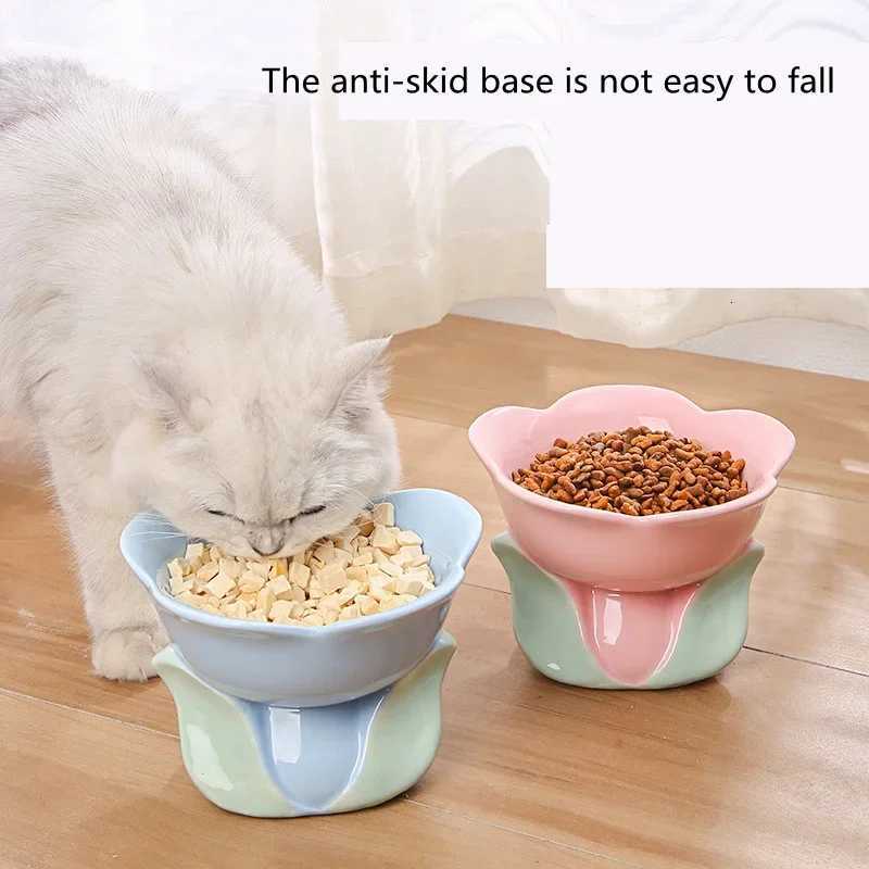 Cute Ceramic Cat Bowl High Foot Plate Non-slip Flower Shape Dog Puppy Feeder Feeding Food Water Protection Cervical Pet Supplies Y250806