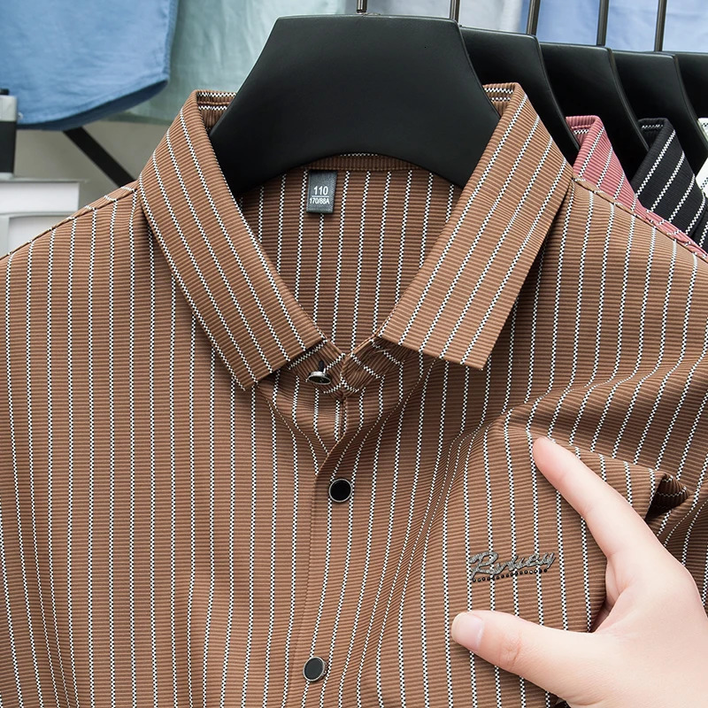 Original High End Mens Polo Shirt Lapel Short Sleeve Summer Striped No Trace Top Business Leisure Versatile Menswear 250807