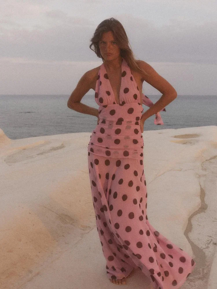 Pink Chiffon Polka Dot Printing Halter Maxi Dress Women Elegant Sleeveless Backless Skinny Pleated Robe Beach Evening Party Gown 250806