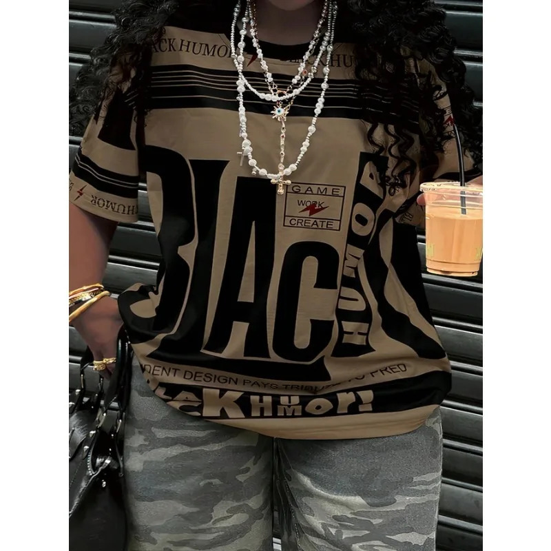 selling Outdoor Sports Plus Size Womens Summer Letter Printing Round Neck Short Sleeve Casual Fashion Trend Tshirt 250807