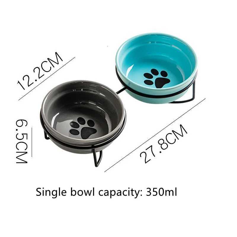 Cute Paw Print Cat Bowl Cartoon Pet Ceramic Bowl Iron Frame Double Bowl Dog Cat Universal High Quality Non-slip Bowl Pet Feeder Y250806