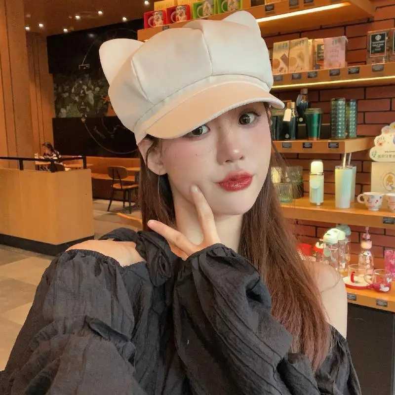 Beret Women Cute Cat Ear Sweet Octagonal Hats For Women Newsboy Cap Painter Hat Korean Style Solid Color Black XJ250807