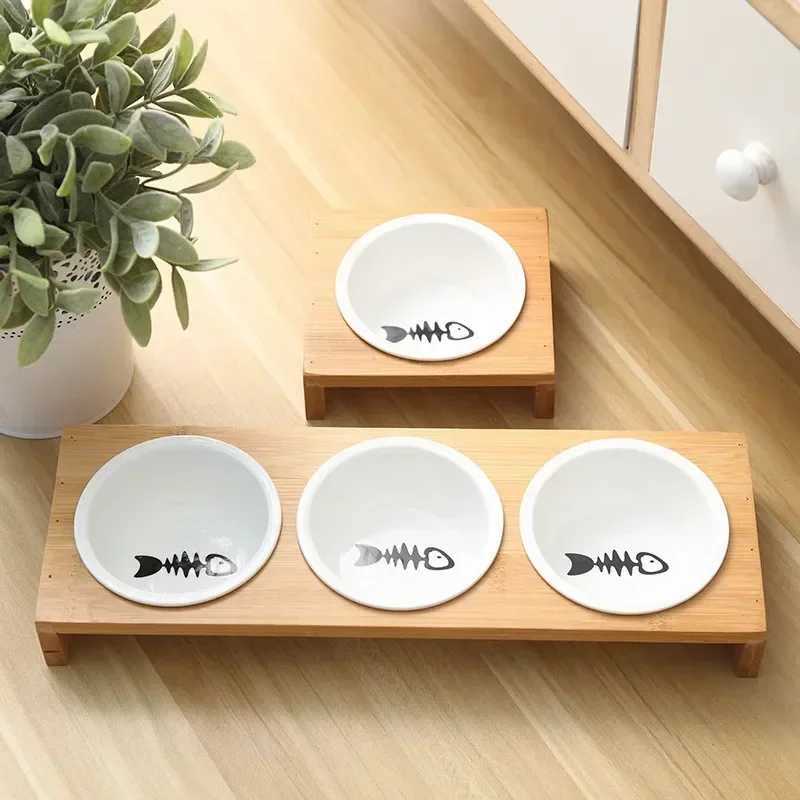 Hot Sale Cat Dog Feeders Bowls Bamboo Tableware Ceramic Pet Food Water Bowl High Grade Antiskid Pet Supplies Dog Cat Bowl Y250806
