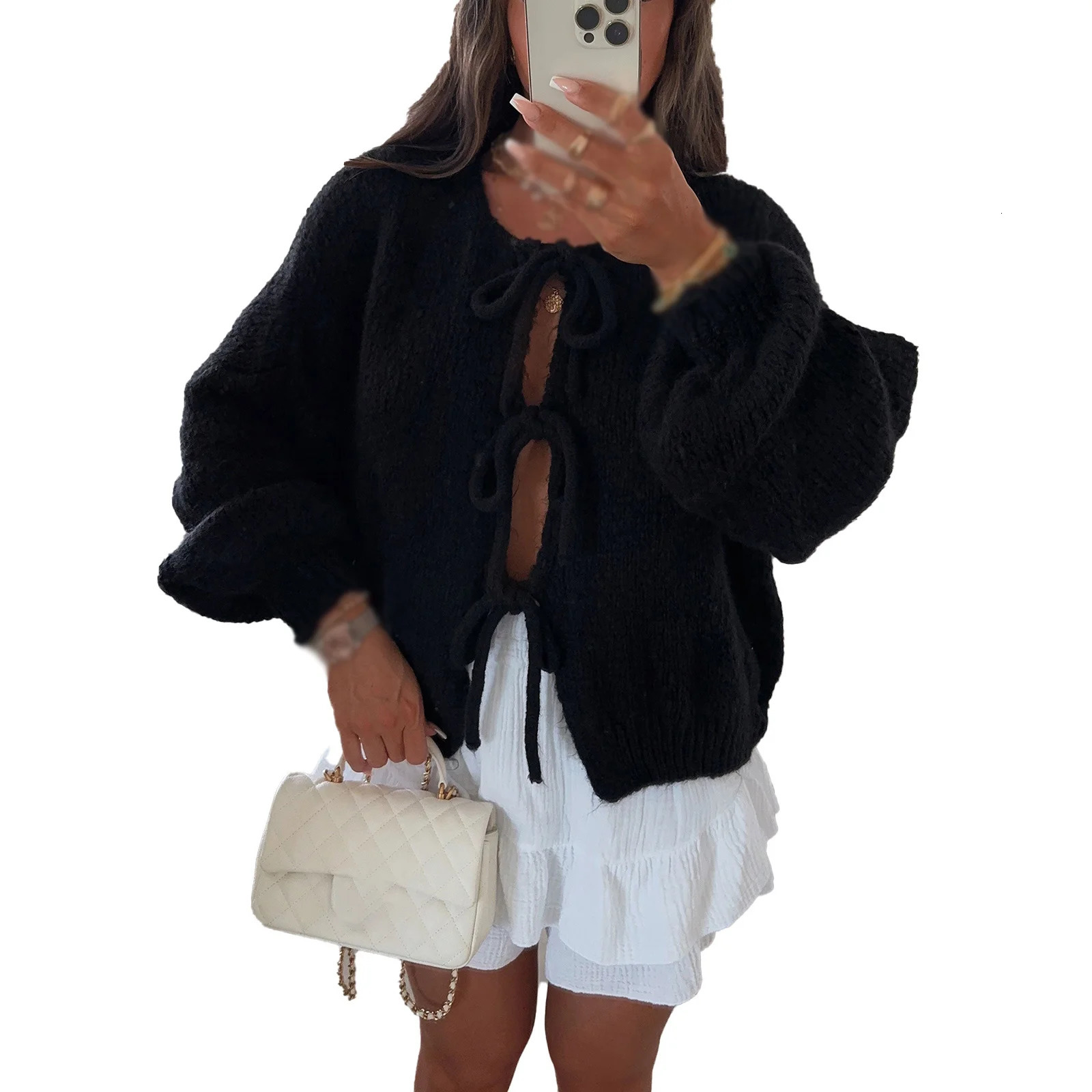 Knitwear Lace-Up Hollow Out Cardigan Top Womens Patchwork Fashion Autumn High Street Clothes Knit Y2k Bandage Cardigan 250804