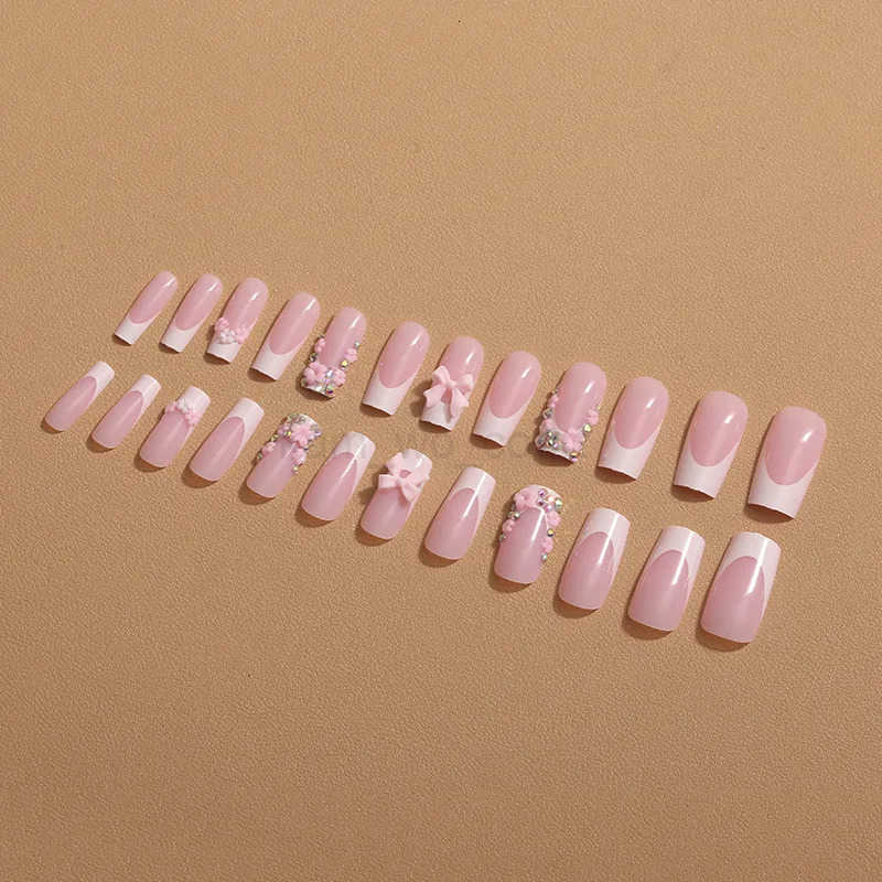 24pcs Nude Pink False Nails Patches 3D Bowknots Flower Press On Nails New Wearable White French Style Fake Nail Tips M250807