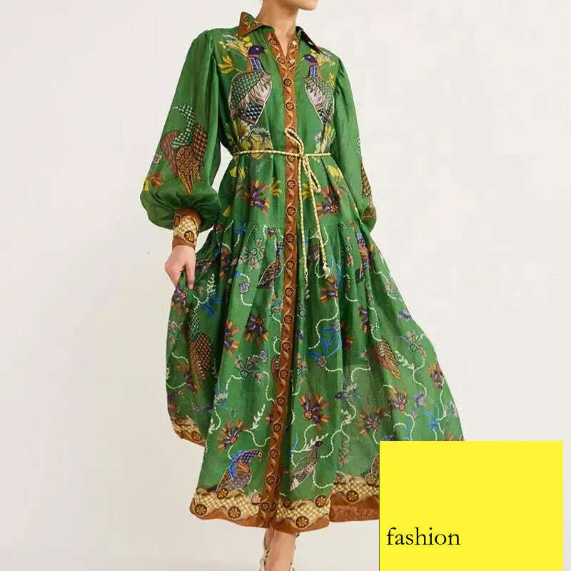 New Women's Lantern Printed Long Sleeve Pleated Dress B5 h7