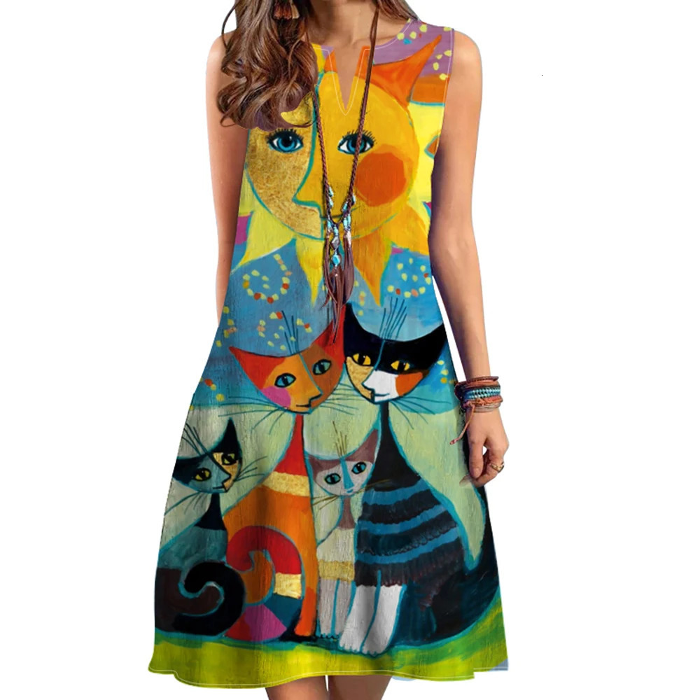 2024 European and American Cross Border Womens Dress Vneck Sleeveless Sexy Printed Large Hem Foreign Trade 250807