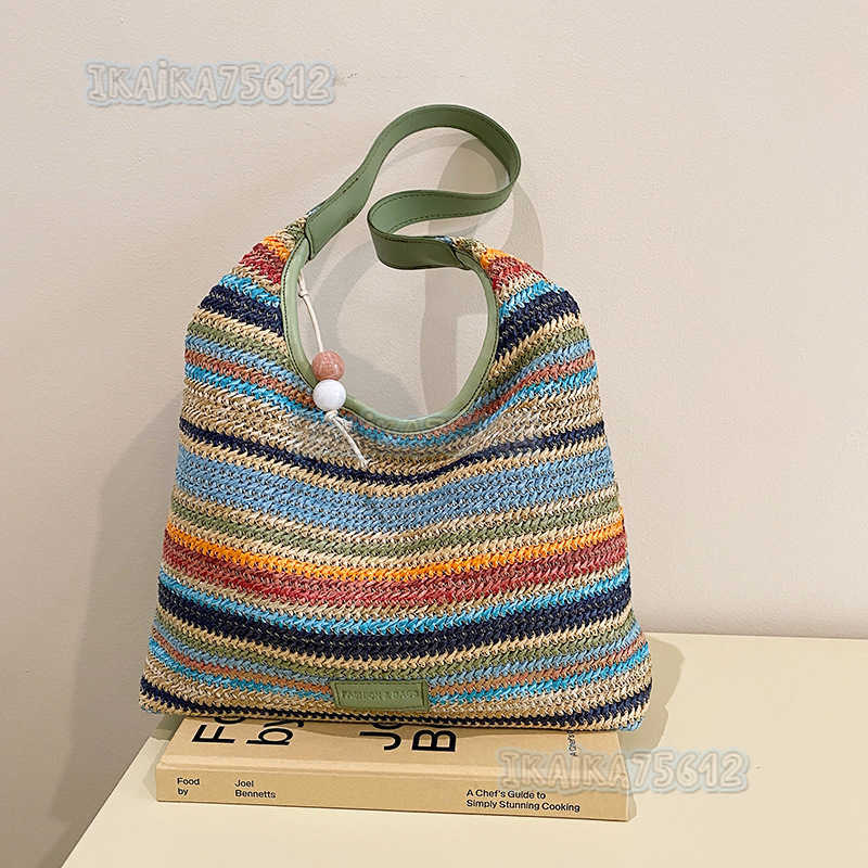 2024 Summer New Simple Straw Woven Handbag Striped Color-block Fashion Large Capacity Shoulder Tote Bag H250806