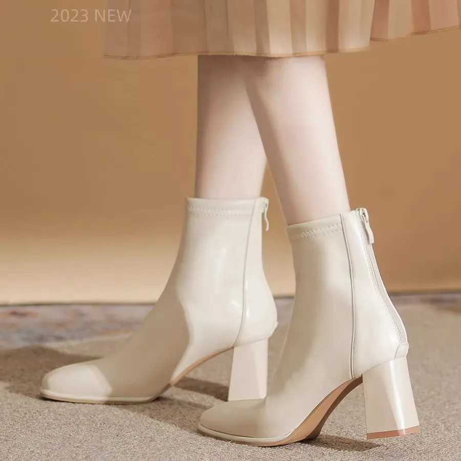 2025 Autumn Winter Women Soft Leather Plus Veet Heel Ankle Boots Square Toe Zipper Ladies Short Boots Womens BootsXJ250807