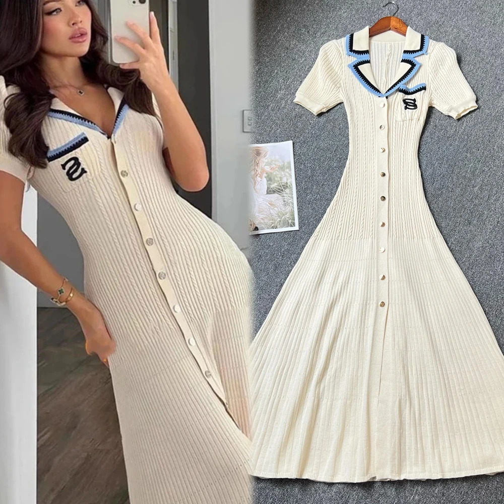 YuooMuoo Women Dress Spring and Summer Single-breasted Knitted Maxi Dress Elegant Office Lady Embroidery Sweater Dress 250806
